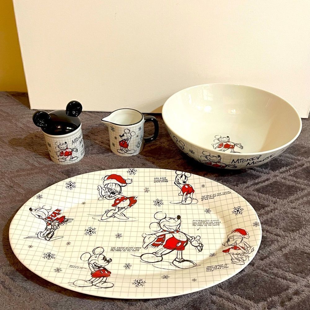 Disney Mickey & Minnie Mouse Sketchbook Christmas 4 piece Serving Set NWT